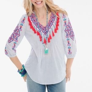 Chico's Pin Stripe Embroidered Tassle Trim Top